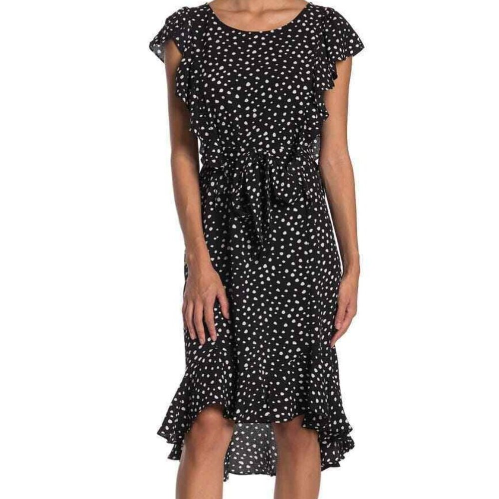 Womens Max Studio Printed Polka Dot Flutter Sleeve Tie Waist Dress Sz Sm